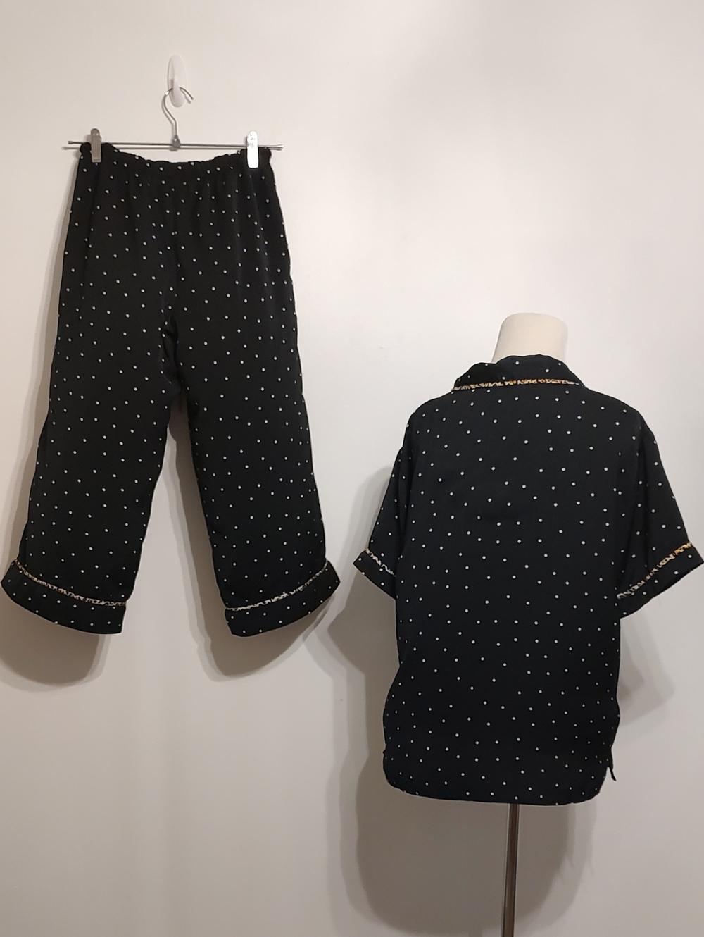 Room Service Black Polka Dot Pajama Set with Gold Trim and Embroidered Leopard - Picture 2 of 4
